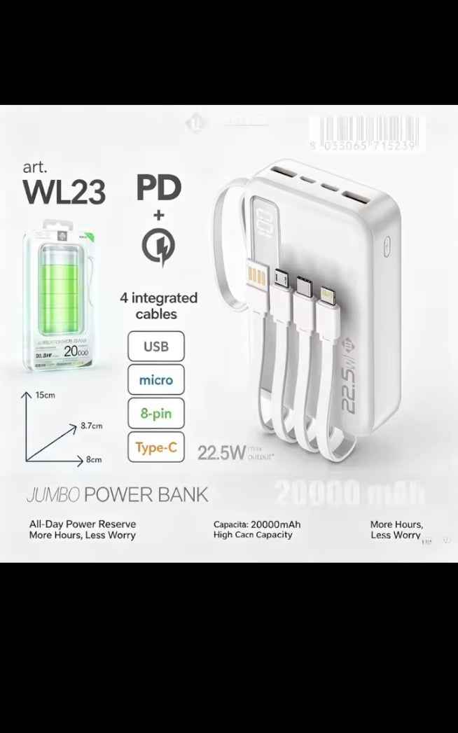 20000mAh Power Bank 22.5W Fast Charging USB-C Built-in Cable LED Display