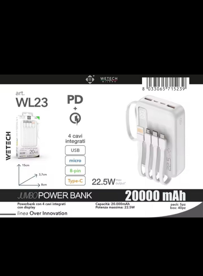 20000mAh Power Bank 22.5W Fast Charging USB-C Built-in Cable LED Display