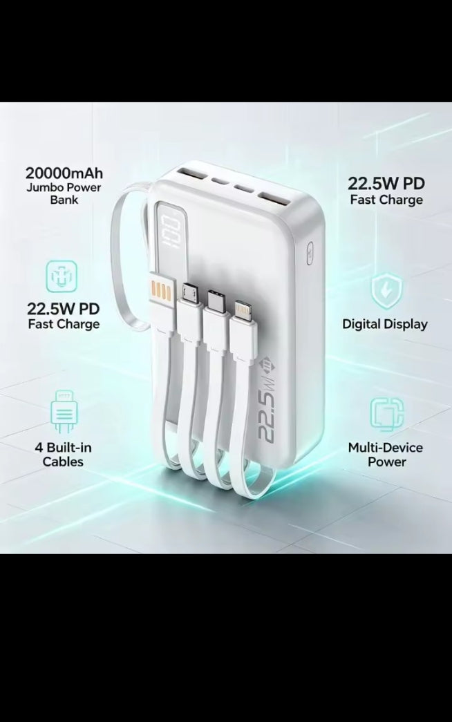 20000mAh Power Bank 22.5W Fast Charging USB-C Built-in Cable LED Display