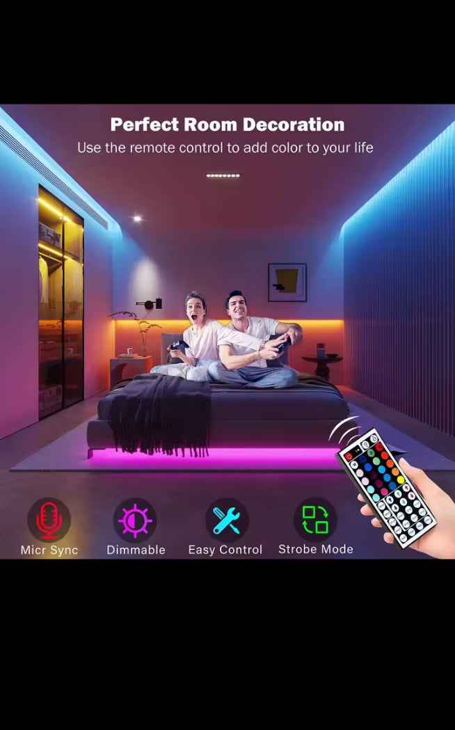 Bande LED RGB multicolore, ruban lumineux avec télécommande, éclairage d'ambiance pour chambre, salon et gaming