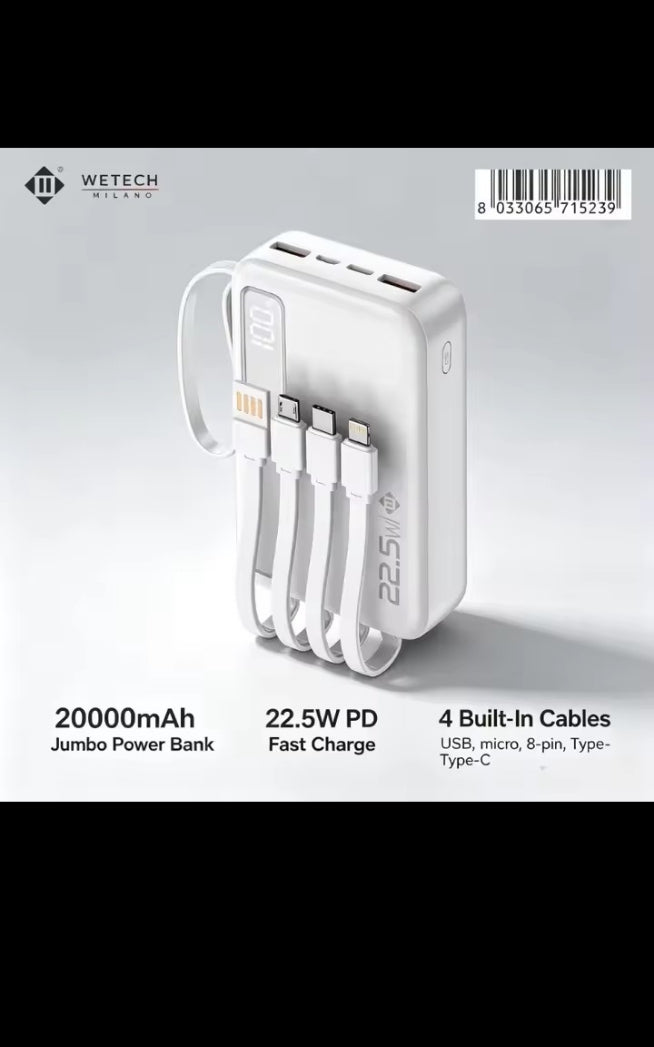 20000mAh Power Bank 22.5W Fast Charging USB-C Built-in Cable LED Display